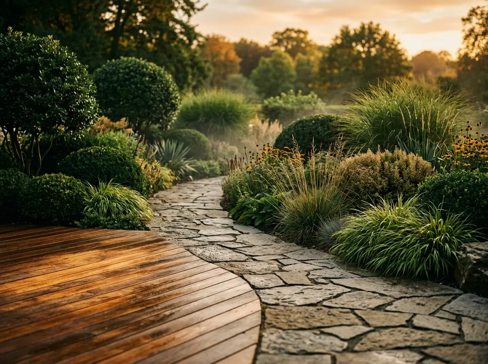 Aménagement d'un jardin : terrasse en bois et plantations
