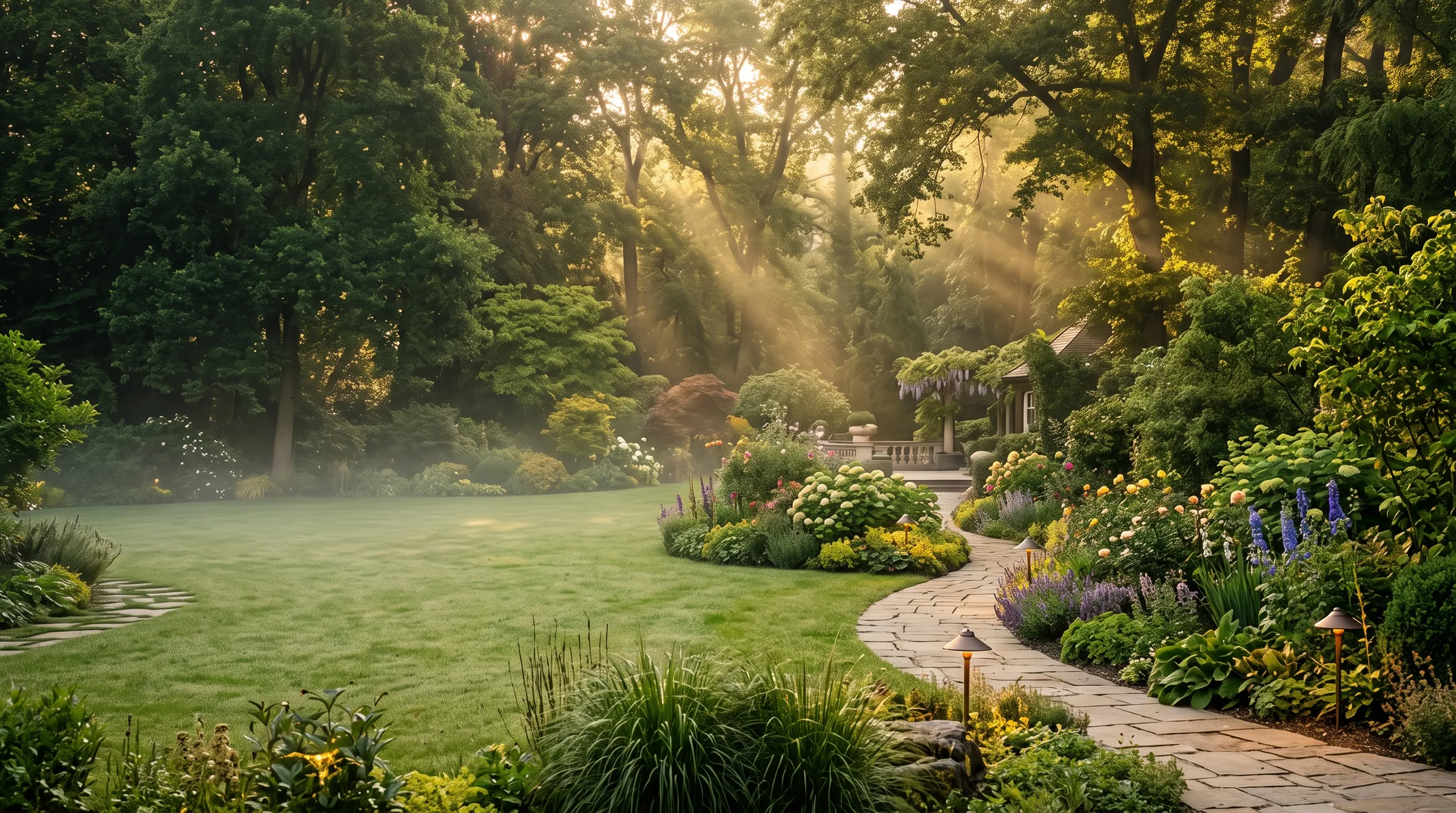Jardin paysager luxembourgeois aménagé par Vert Élégance au crépuscule