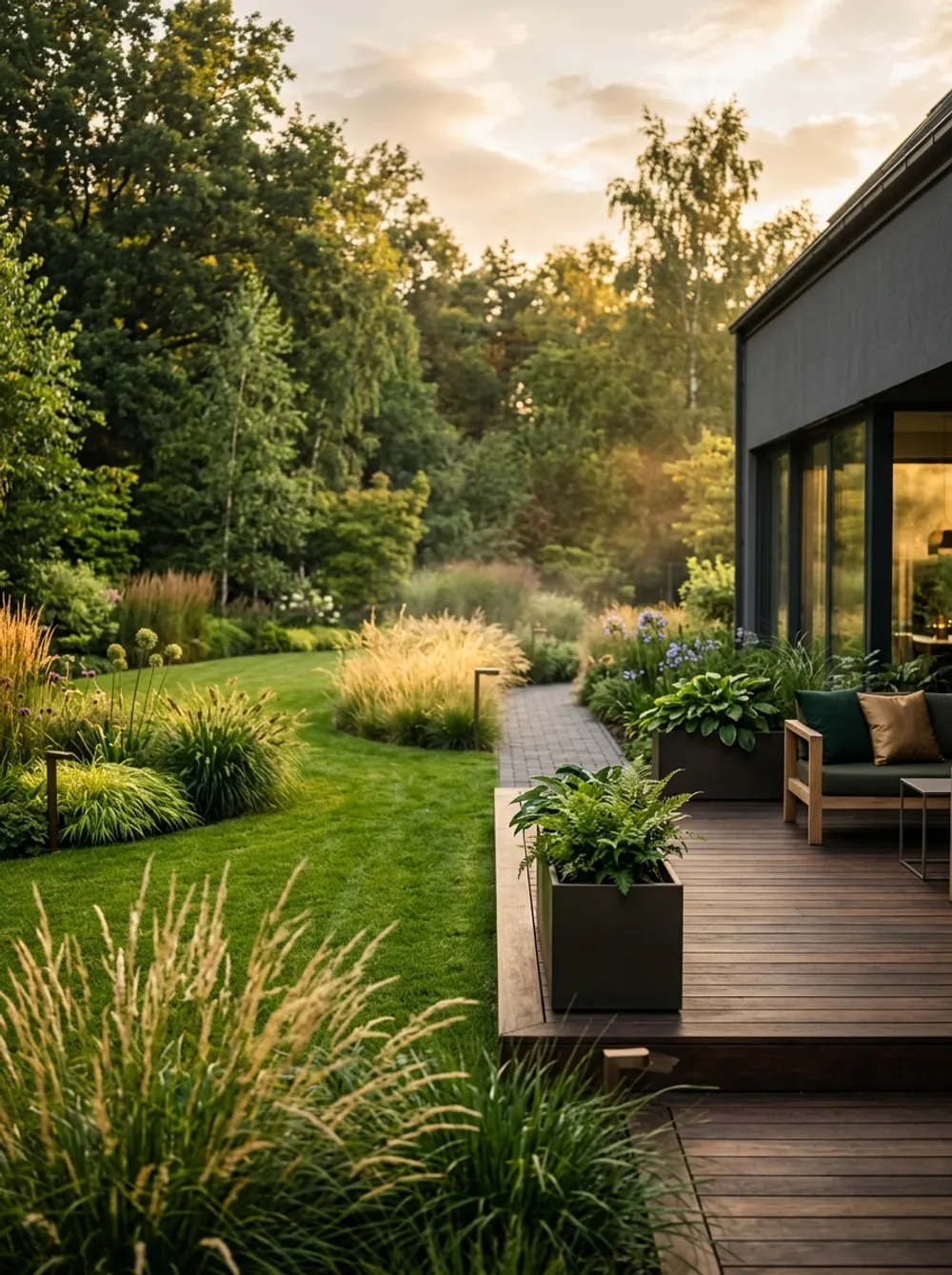 Jardin contemporain avec terrasse en bois